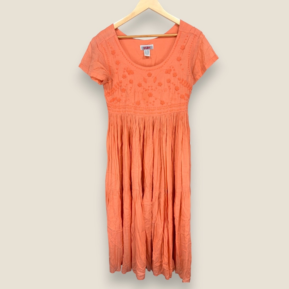 VTG FADS Embroidered Tiered Maxi Dress Short Sleeve Rayon Cotton Blend Medium